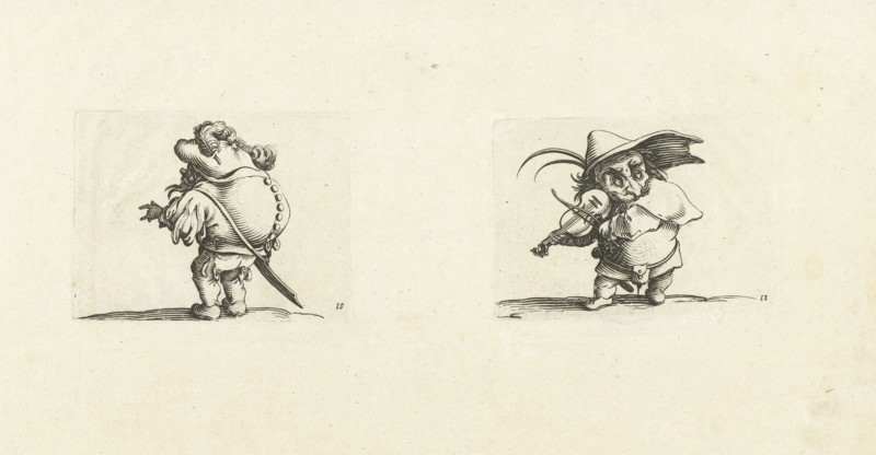 Dwarf with sword, a row of buttons on the back; Dwarf with violin and sword, Jacques Callot, Abraham Bosse, 1621 - 1676