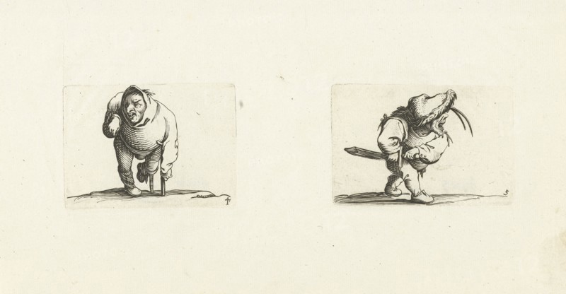 Dwarf, from the front, leaning on a crutch, a hood or large collar on the head, right arm raised cramped, with grotesques, almost all these figures are dwarfs, many are hunchbacked, Jacques Callot, Dating 1621 - 1676