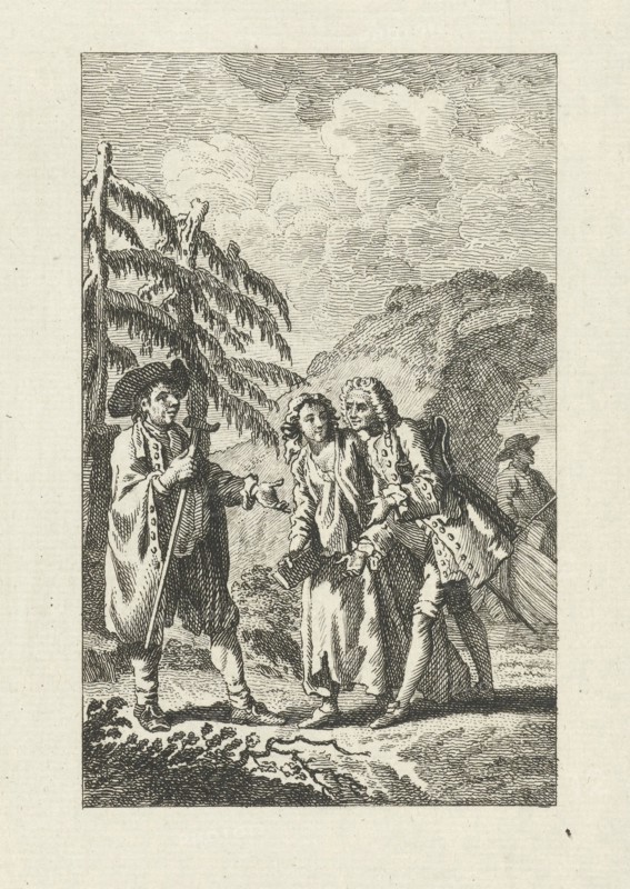 Meeting between a man and a couple in the outdoors, the man holds a stick and gestures with his hand towards the couple, Jacob Folkema, Dating 1702 - 1817