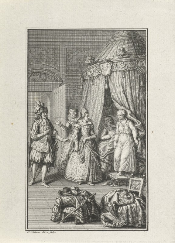 Three richly dressed figures enter a room. Lovers caught by surprise. print maker: Jacob Folkema (mentioned on object), Dating 1702 - 1767