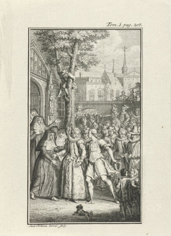 Richly dressed woman surrounded by a crowd of curious people, Jacob Folkema, 1702 - 1767