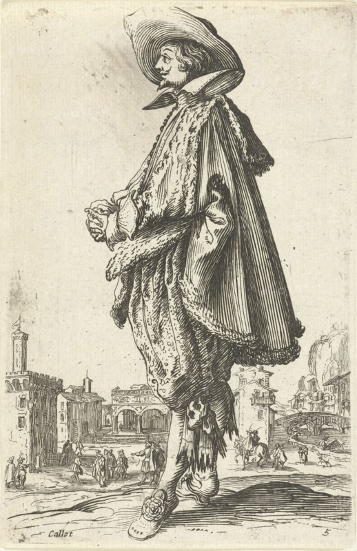Noble man with hat, seen on the left, Jacques Callot, print maker: Anonymous, Frederik de Wit possibly, 1630 - 1690