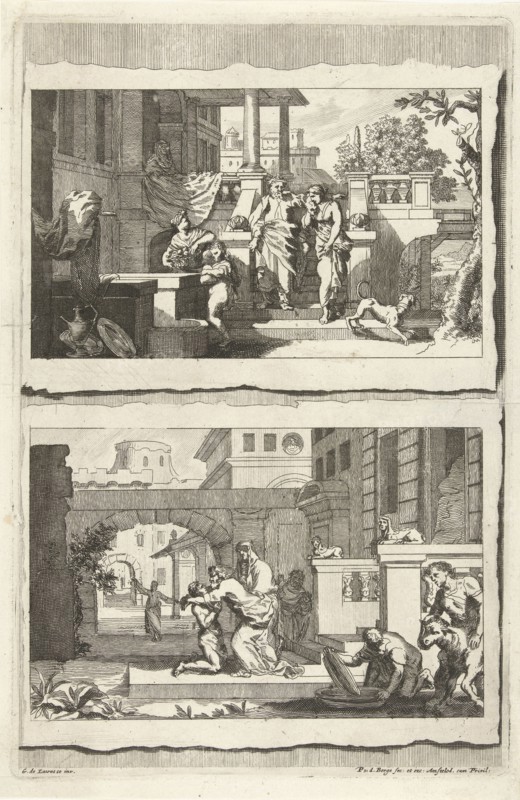 Expulsion of Hagar and Ishmael and the return of the prodigal son, Pieter van den Berge, 1694 - 1737
