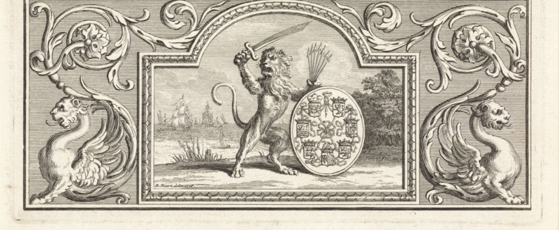 The Dutch lion holding a sword and quiver of arrows near a shield bearing the arms of the Seven Provinces, print maker: Bernard Picart (workshop of), Dating 1716