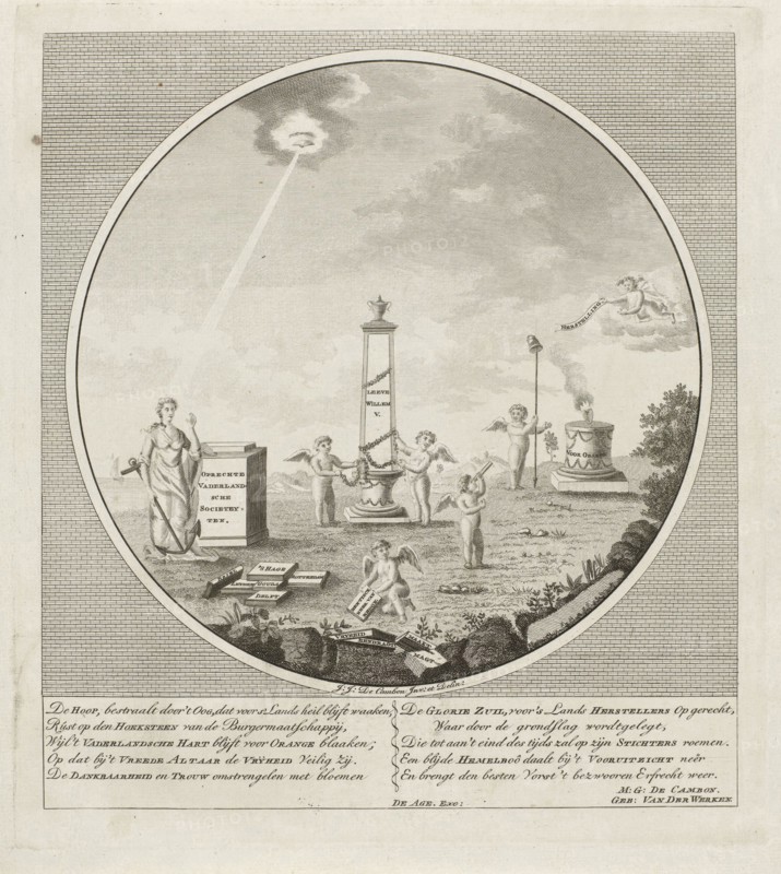 Allegory on the establishing of the Oprechte Vaderlandsche Societeiten in 1787, Anonymous, Maria Geertruida de Cambon-van der Werken, Johannes FranÃ§ois Jacobs de Agé, 1787