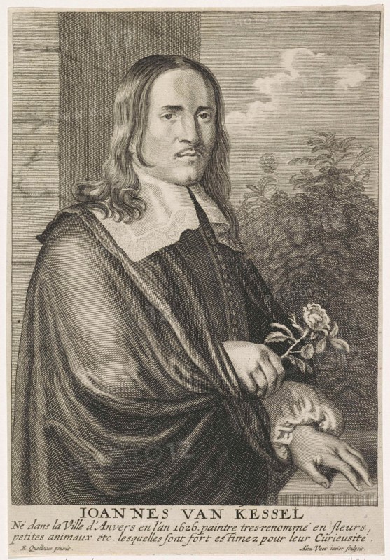 Portrait of the painter Jan van Kessel I, print maker: Alexander Voet II, Erasmus Quellinus II, 1645 - 1695