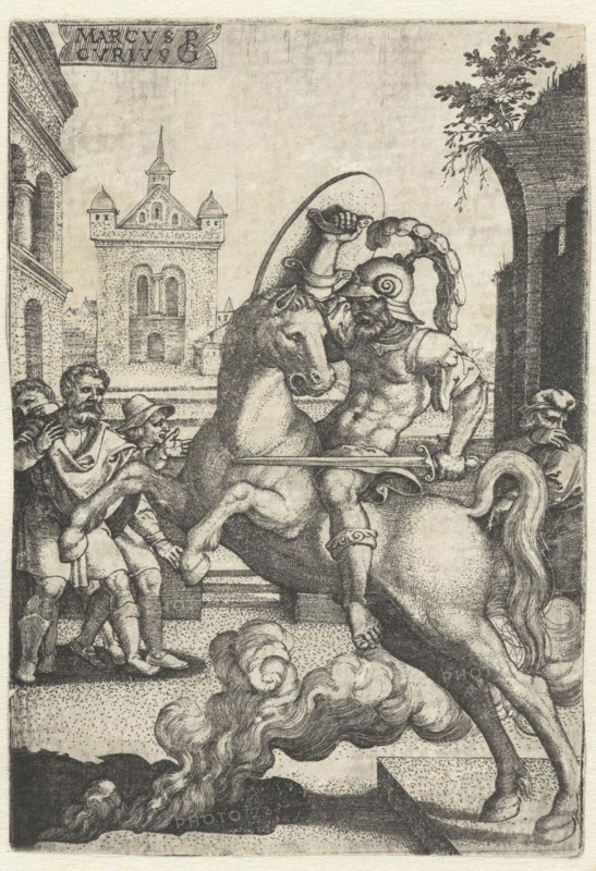 Marcus Curtius plunges into a gorge, Georg Pencz, 1535
