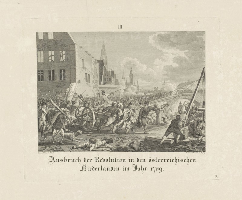 Outbreak of the rebellion in Brabant against the Austrian rule of Emperor Joseph II in 1789, Armed attract hordes of insurgents firing the streets, The Netherlands, print maker: Paul Jacob Laminit (mentioned on object), Dating 1800 - 1806