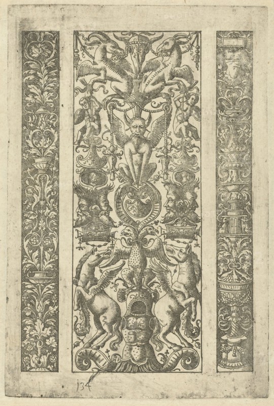 Candelabrum with vines, a candelabrum with grotesques, a rearing horse, print maker: Lambert Hopfer (mentioned on object), Dating 1520 - 1530