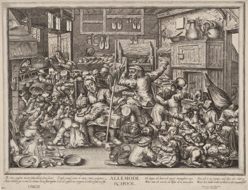 The Shoemaker and the spinster as schoolmasters, Pieter de Bailliu (I), Pieter van der Borcht (I), Frans van den Wijngaerde, 1623 - 1660