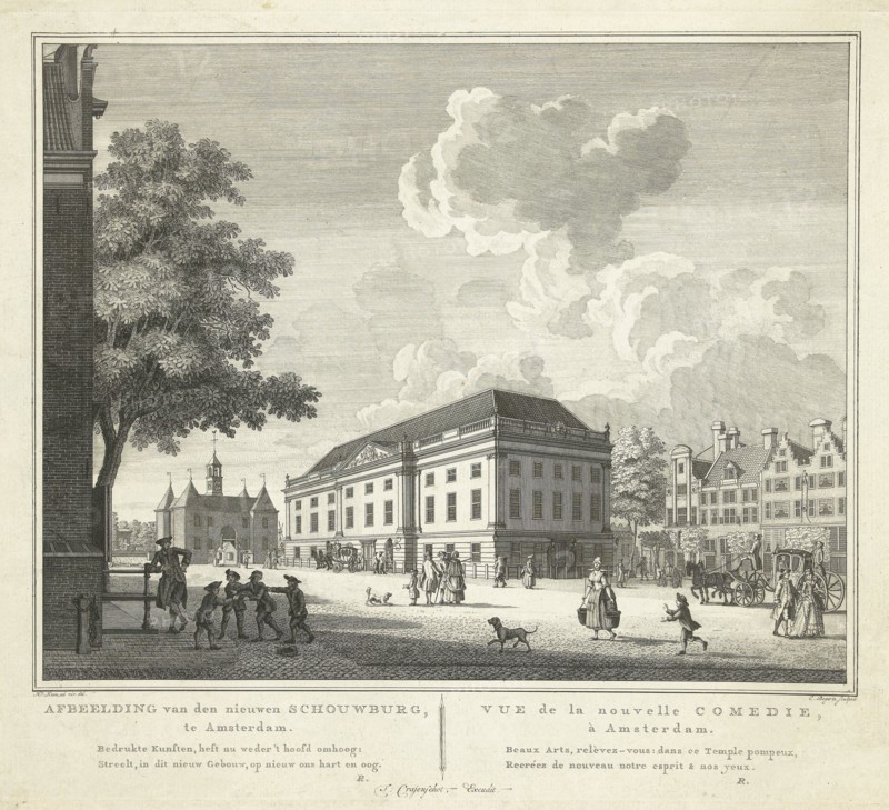 View of the square for the new theater, nieuwe Schouwburg in Amsterdam, The Netherlands, Cornelis Bogerts, Theodore Crajenschot, in or after 1774