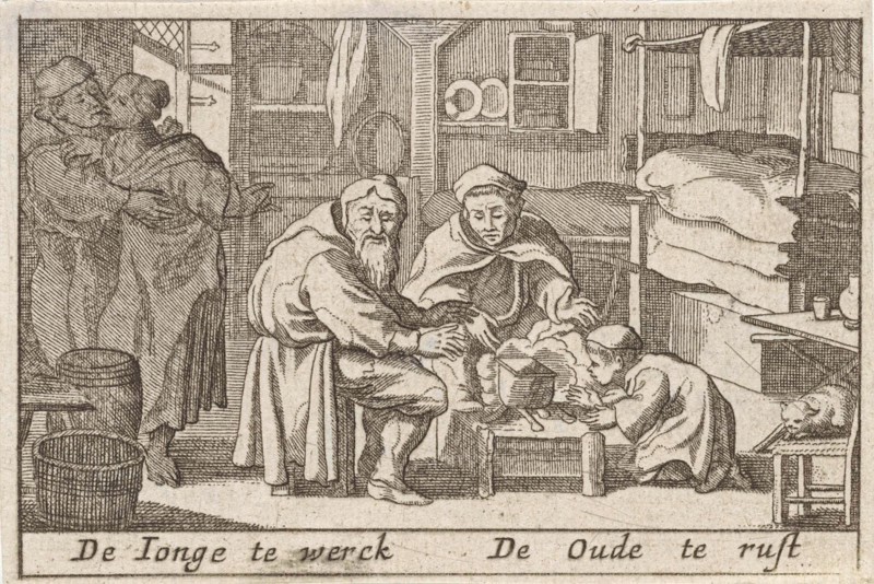 Old men warm their hands over a fire, Pieter Hendricksz. Schut, Claes Jansz. Visscher (II), 1628 - 1650