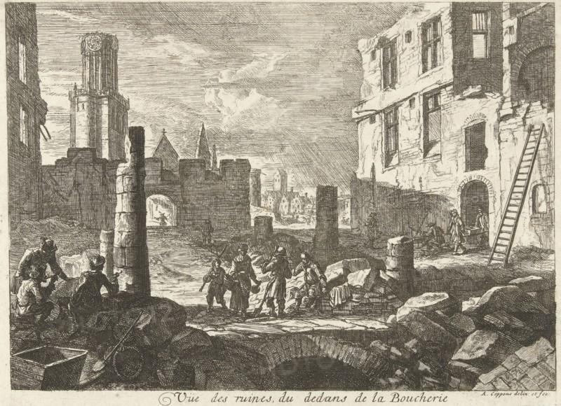 Ruins in Beenhouwersstraat, Brussels, Belgium, 1695. Augustin Coppens, 1695