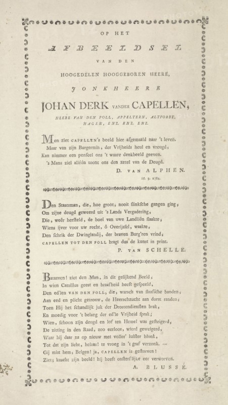 Four odes to the politician Joan Derk van der Capellen tot den Pol, Jan de Kruyff 1753-1821, Daniel van Alphen, Pieter van Schelle, 1787
