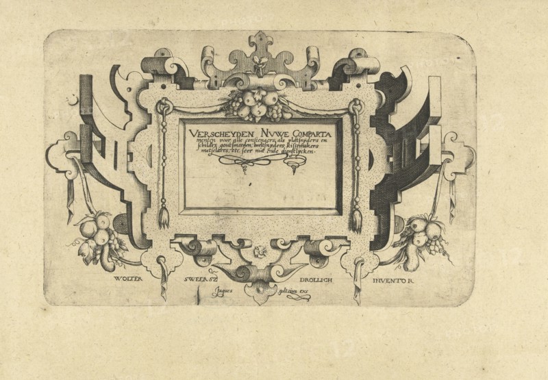 Title Sheet with fruit bunches, Jacob Goltzius (II), Wolter Sweersz Drollich, 1584 - 1630