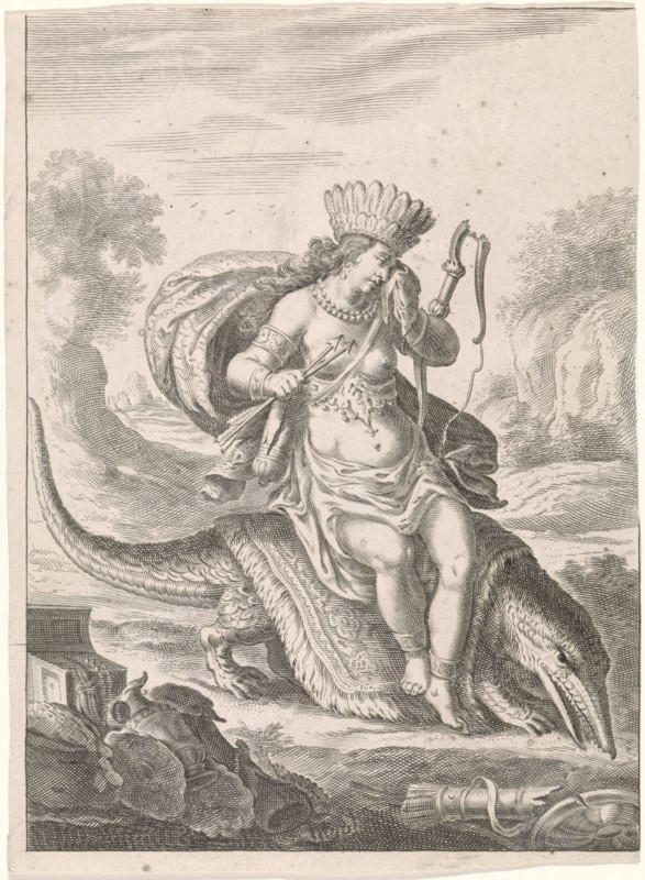 Female personification of America as a woman with headdress of feathers and bows, sitting on a caiman, Cornelis van Dalen II, 1648-1664