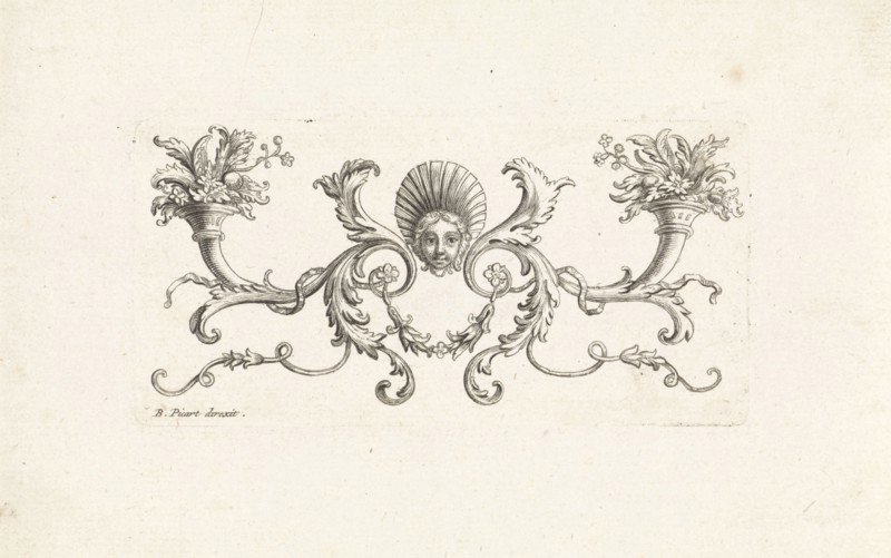 Ornament with a mascaron surrounded by foliate scrolls two horns with plants and flowers, Bernard Picart, 1683 - 1733