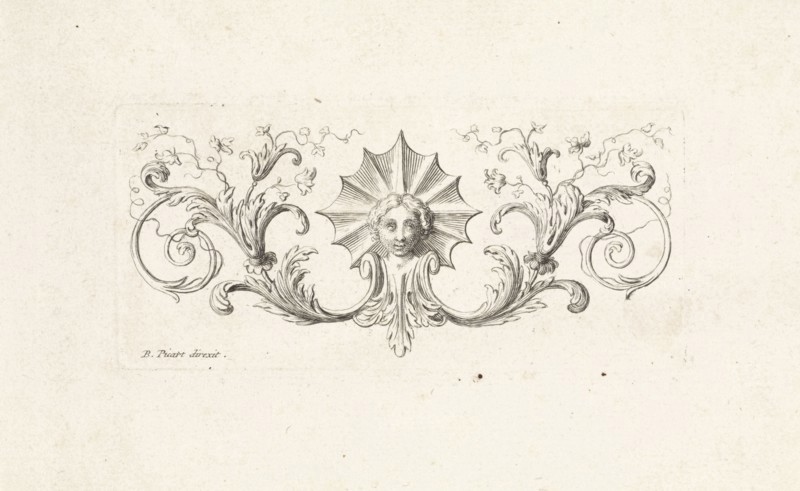 Ornament with a mascaron surrounded by leafs, Bernard Picart, 1683-1733