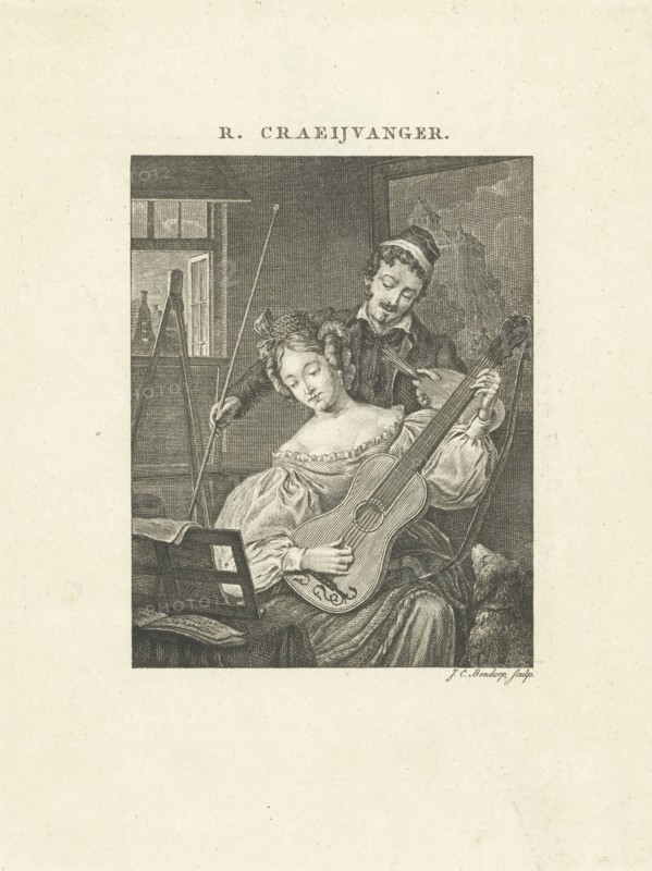 Woman plays guitar and is a model for artist, Johannes Christiaan Bendorp, Johannes Immerzeel, 1776 - 1847