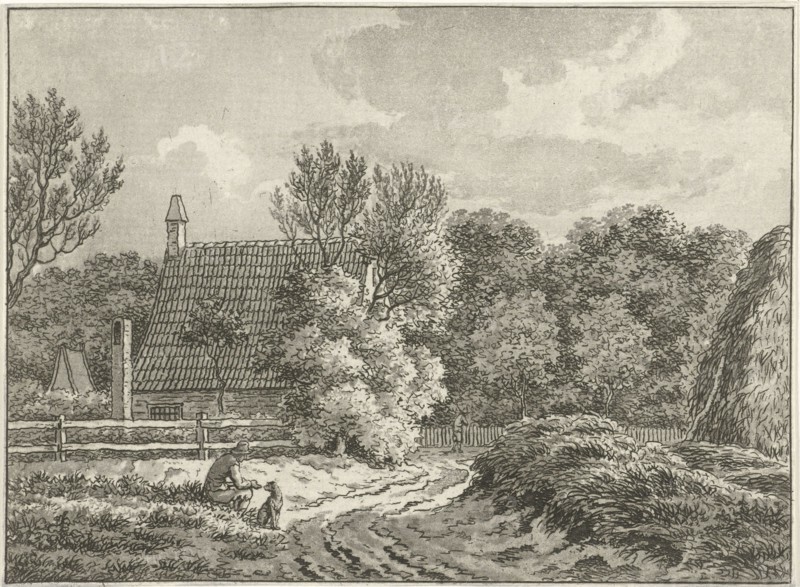 Landscape at Bloemendaal, The Netherlands, In the foreground a man sits beside the road with his dog. In the background a house, Jan Evert Grave, 1769 - 1805