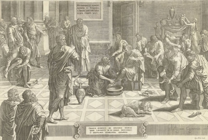 Christ washes the feet of the disciples, print maker: Anonymous, Hans Collaert I attributed to, Lambert Lombard, c. 1640 - c. 1684