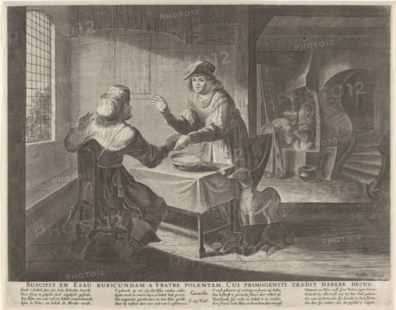 Esau sells his birthright to Jacob, print maker: Anonymous, Claes Jansz. Visscher II, Nicolaes Visscher I, 1630 - 1652 and/or 1630 - 1702