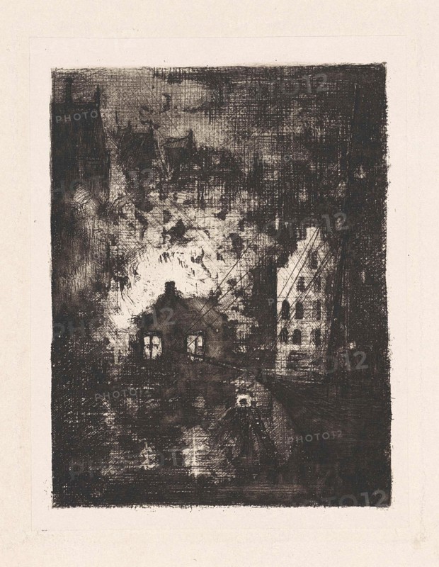 Fire in brewery De Valk Amsterdam, The Netherlands, print maker: Frans Schikkinger, 1882 - 1884