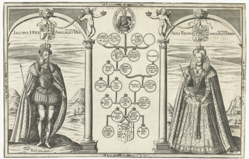 Portraits of James I, King of England and his wife Anne of Denmark standing on either side of genealogical tree, Nicolaes de Bruyn, Jean le Clerc, 1593