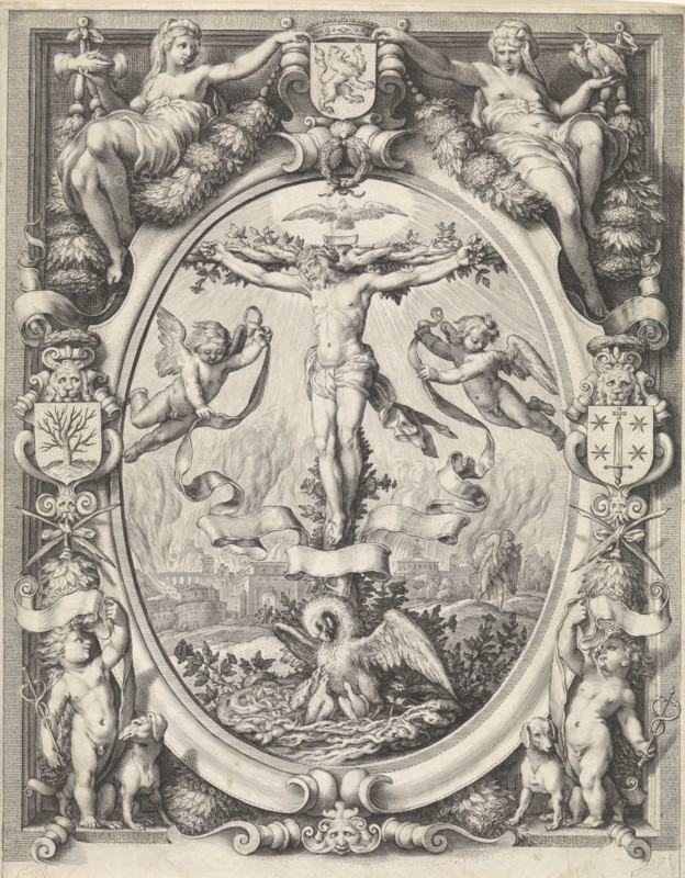 Blazon of the Chamber of Rhetoric The Pellicaen Haarlem, with the crucifixion in allegorical frame, print maker: Jacob Matham, Hendrick Goltzius, 1597