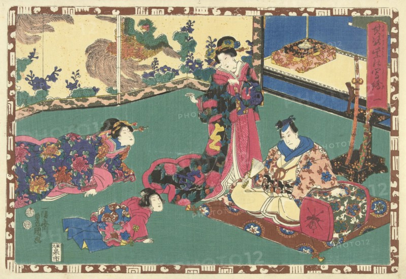 Standing woman and man sitting on pillow, in the background a screen with painting of a phoenix, Japanese print, Kunisada (I), Utagawa, Mera Taichiro, Murata Heiemon, 1847 - 1850