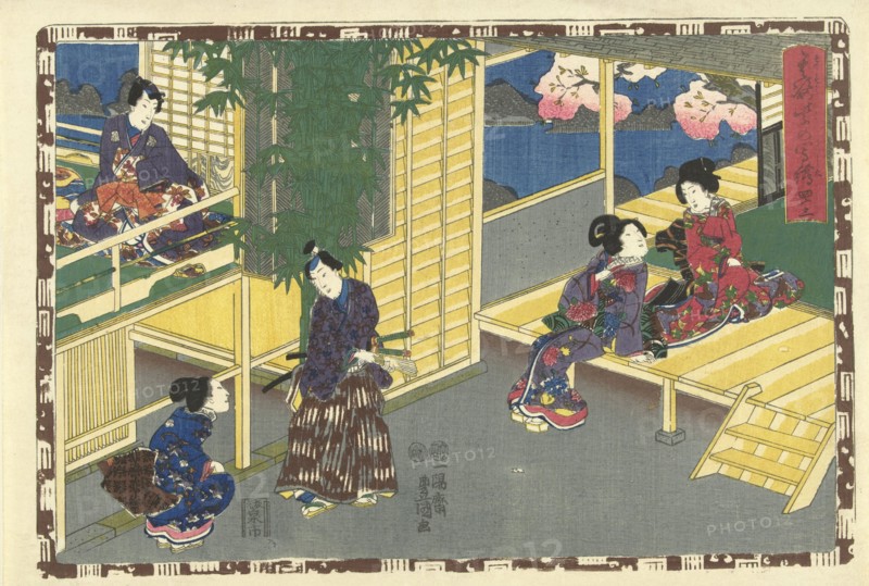Man talking with squatting woman, behind them a flowering tree and water can be seen, Japanese print, Kunisada (I), Utagawa, Kinugasa Fusajiro, Murata Heiemon, 1851 - 1853