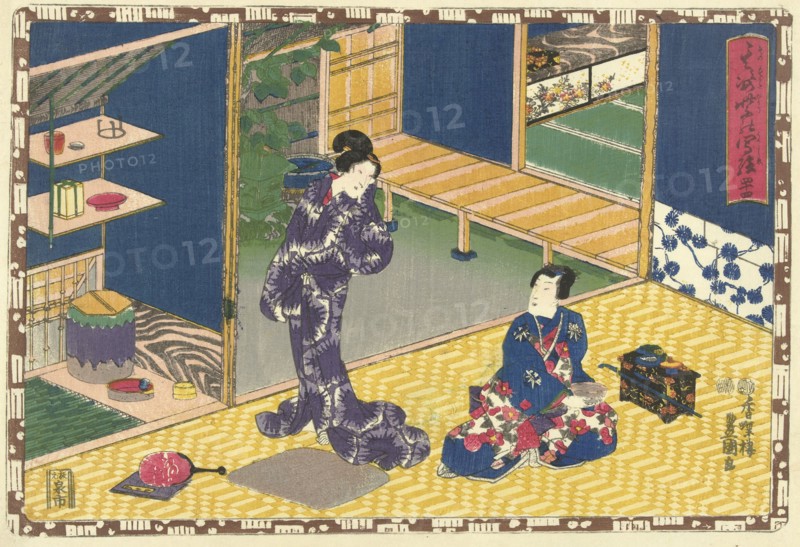 Man sitting with bowl in hand, looking at woman in purple kimono standing in closet, Japanese print, Kunisada (I), Utagawa, Kinugasa Fusajiro, Murata Heiemon, 1851 - 1853