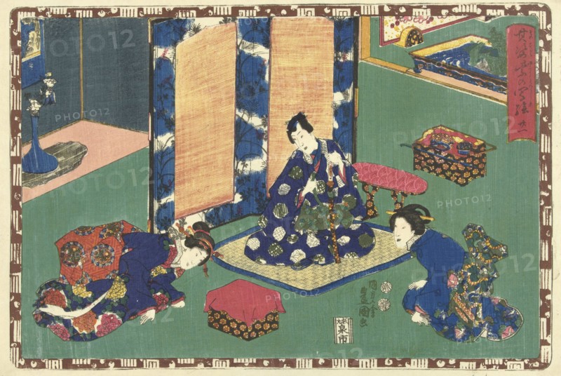 Prince Genji sitting on a rug in a room, Japanese print, Kunisada (I), Utagawa, Kinugasa Fusajiro, Watanabe Shoemon, 1849 - 1850