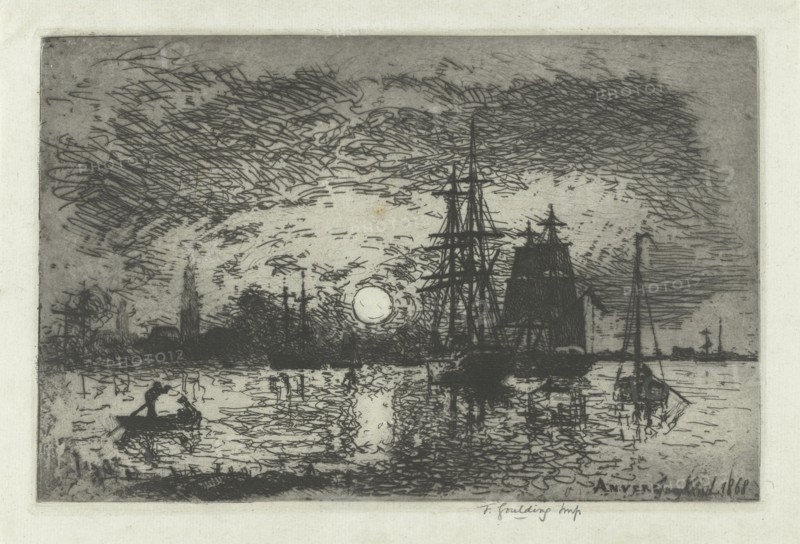 Sunset at the port of Antwerp, Belgium, Johan Barthold Jongkind, 1868