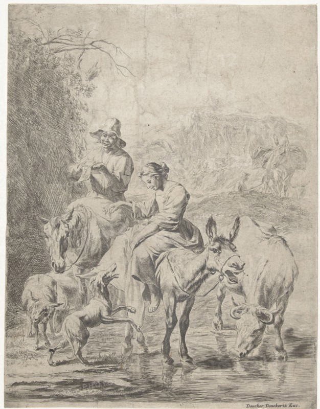 Shepherdess on donkey and shepherd on horseback crossing creek, Nicolaes Pietersz. Berchem, print maker: Anonymous, Dancker Danckerts, 1652 - 1666