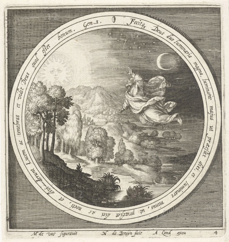 Fourth day of creation, God creates the sun, moon and stars, Nicolaes de Bruyn, Assuerus van Londerseel, 1581 - 1656