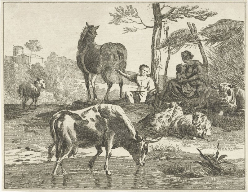 Herd of cattle in hilly landscape, Jan Matthias Cok, 1735-1771