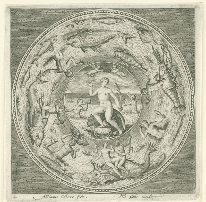 Dish with sea goddess Galatea? Adriaen Collaert, 1580-1618, print maker: Adriaen Collaert, Philips Galle, 1580 - 1618