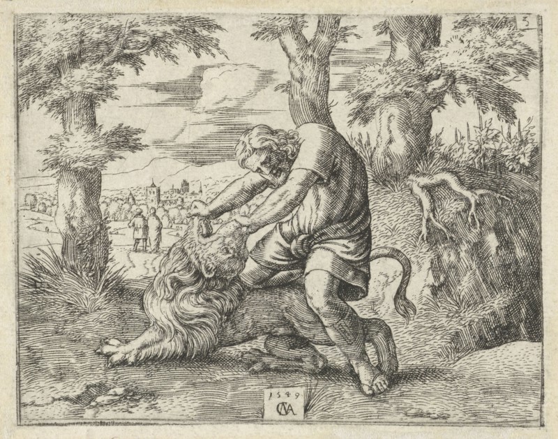Samson kills the lion, Cornelis Massijs, 1549