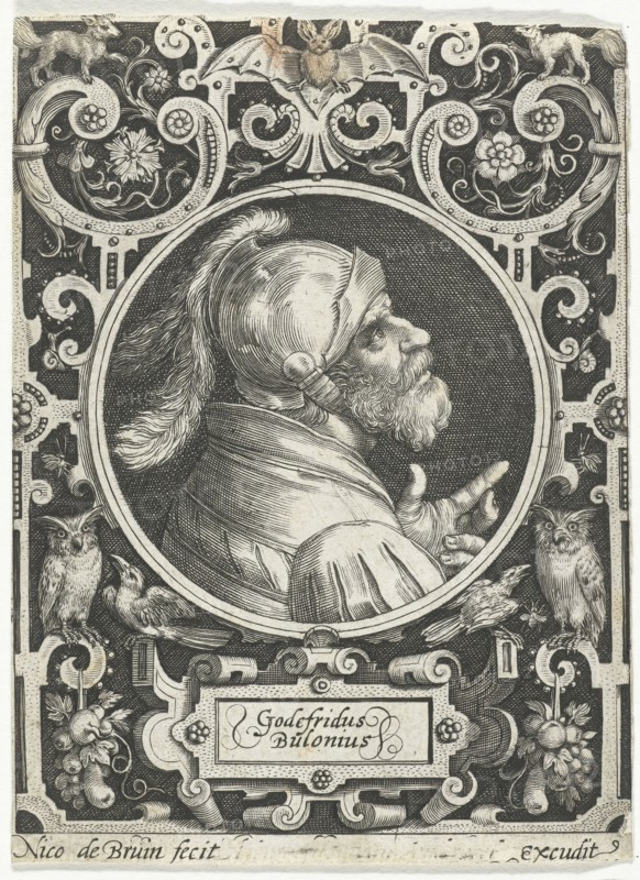Portrait of Godfrey of Bouillon in medallion inside rectangular frame with ornaments, Nicolaes de Bruyn, Anonymous, 1594