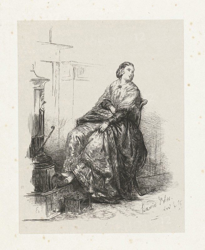 Study of a woman on a stove warms her feet, David Bles, 1834-1899
