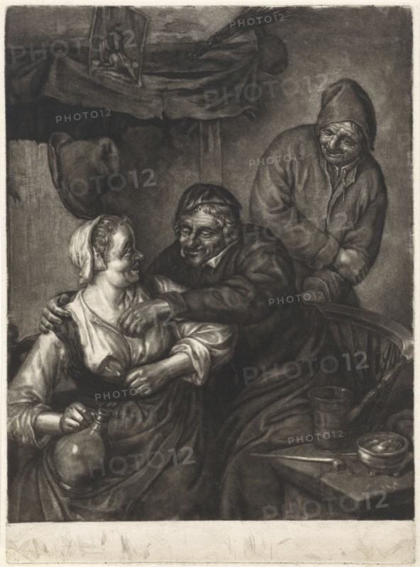 Tavern scene with three figures with a fireplace, Pieter Schenk I, Adriaen van Ostade, 1670-1713