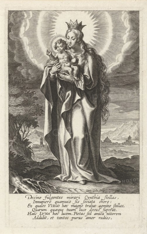 Enthroned Virgin and Child, print maker: Cornelis Galle I, Theodoor Galle, 1586 - 1650