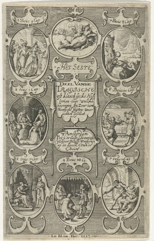 Title page for: Het seste deel vande Tragische oft klaechlijcke historien, 1613, print maker: Michiel le Blon, Cornelis Lodewijcksz. van der Plasse, 1613