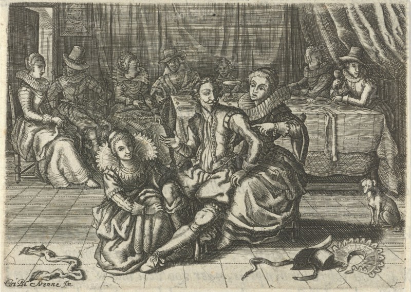 Interior in which two women of easy virtue undress a man, print maker: Christiaan Le Blon (mentioned on object), Dating 1624