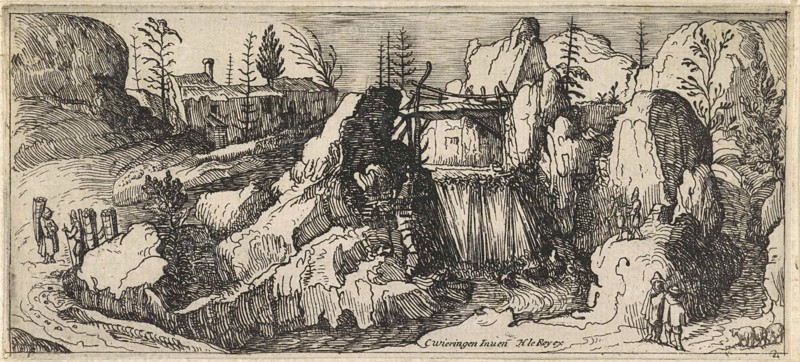 Rocky landscape with a waterfall, Henry le Roy, 1614-1618