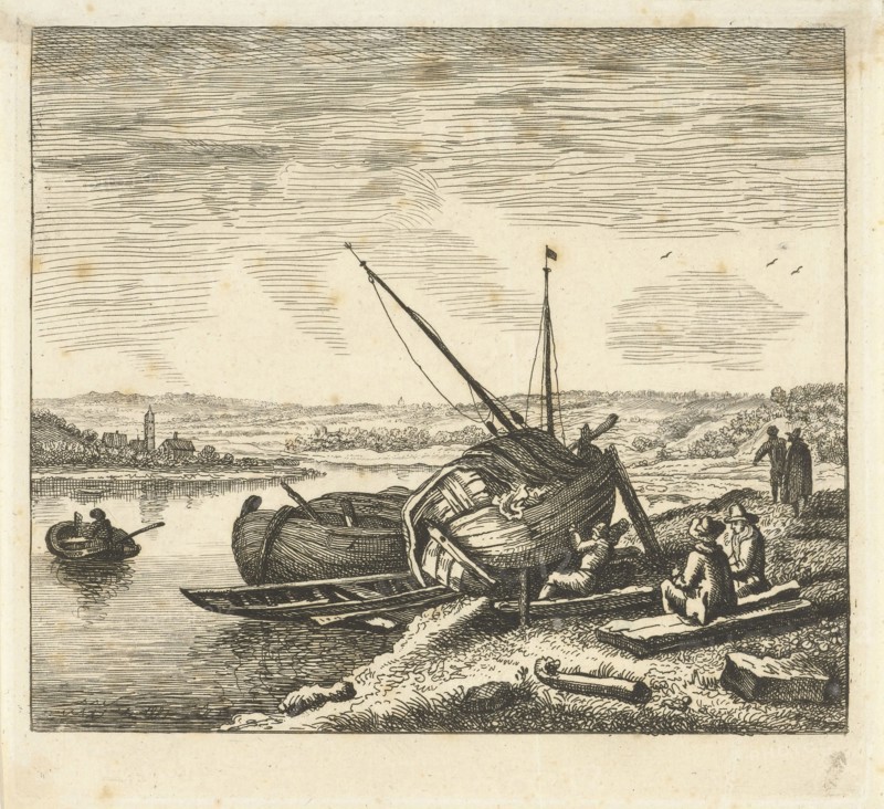 River view with man and boat, William Young Ottley, Jan van Almeloveen, Herman Saftleven, 1828