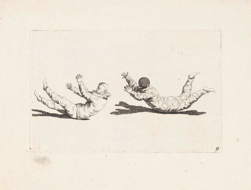 Harlequin clown move about without using their arms and legs, Gerardus Josephus Xavery, Pieter Schenk (II), 1728