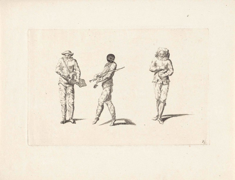 Harlequin and two jesters making music, Anonymous, Gerardus Josephus Xavery, Pieter Schenk (I), 1728