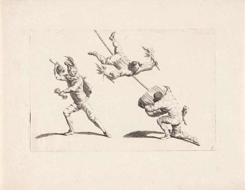Three acrobats in action, Anonymous, Gerardus Josephus Xavery, Pieter Schenk (II), 1728